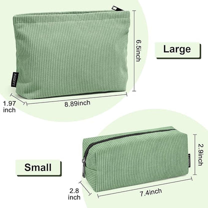 MAGEFY Makeup Bag 2 PCS Corduroy Make up Bag for Purse Travel Cosmetic Bag for Women Small Makeup Pouch Cute Makeup Brush Bag Preppy Stuff Travel Essentials - Green