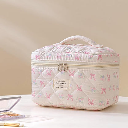 HBselect Quilted Makeup Bag, 3PCS Cotton Large Travel Makeup Bag, Cute Floral Coquette Make up Bag Cosmetic Bag Toiletry Bag for Women Girls