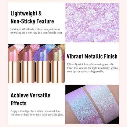 Glitter Lipstick Makeup, Rose Gold Holographic Metallic Lip Stick Long Lasting Lightweight Non-Sticky Hydrating Lip Tinted Full Coverage Sparkling Chameleon Lipstick for Women