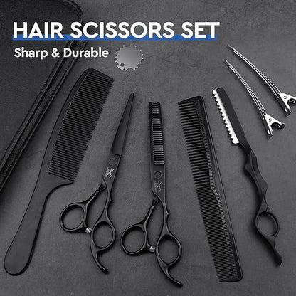 JASON Hair Cutting Scissors Set - Professional 10 PCS Haircut Scissors kit, Thinning Blender Scissors, Straight Shears with 30 Teeth for Men Women Home Salon Barber (6.5", Black) Christmas Gift