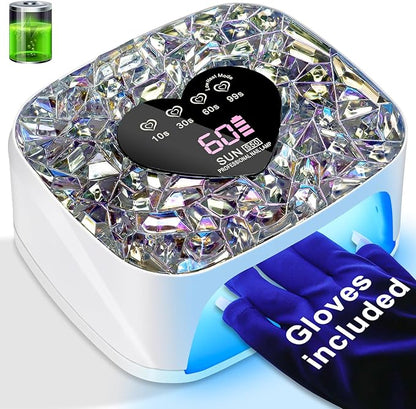 LIMEGIRL UV LED Nail Lamp Kit for Gel Polish Professional Fast White Diamond Design Curing Dryer Light Set with 4 Timers and Gloves Cordless Rechargeable Nail Art Cure Machine at Home and Salon