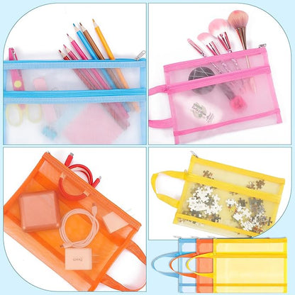 6 Pack Mesh Zipper Pouch Bags, Double Layer Nylon Pouch with Handle for Office Travel Organization (Orange, A5)