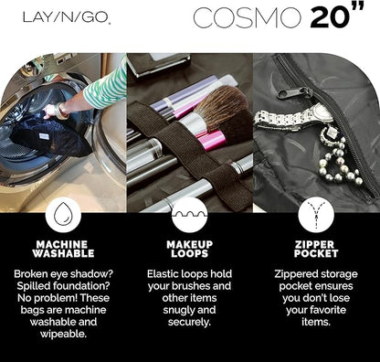 Lay-n-Go Cosmo Layflat Drawstring Cosmetic & Makeup Bag Organizer w/Zipper Pocket, Brush Loops & More, Cinch to Close, Lay Flat to Use, Durable, Machine Wash, Travel Toiletry Bag (20", Purple)