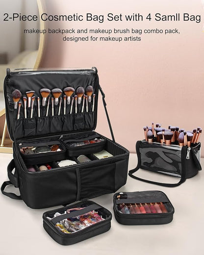 TANTO Makeup Backpack Makeup Artist Bag Professional Extra Large Cosmetic Bags Travel Train Case Storage Organizer Double-Layer Cosmetic Case with 4 Pouch and Brush Organizer (Black, two piece)