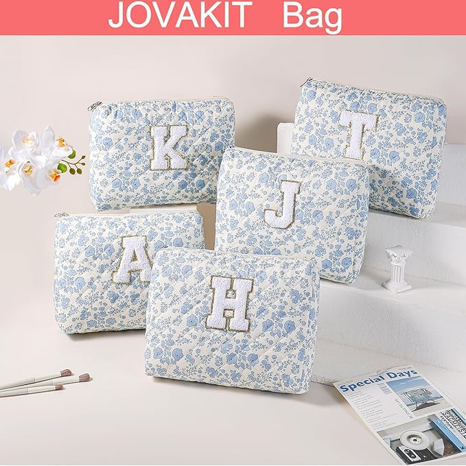 JOVAKIT Alphabet Makeup Bag Cosmetic Bag for Women, Christmas Gifts for Girls Age 6-18, Floral Flowers Coquette Travel Toiletry Zipper Make Up Pouch Organizer Trendy Stuff (2Pcs Blue Floral C)
