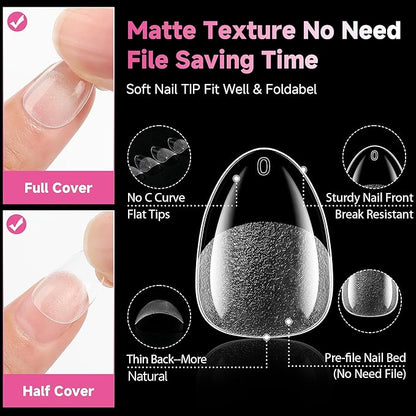 UNA GELLA Extra Short Almond Nail Tips, 312pcs XS Short Almond Gel Nail Tips Pre-Shaped Half Matte Full Cover No Need File Soft Gel Clear Fake Nails for Nails Extension Home DIY Salon 12 Sizes