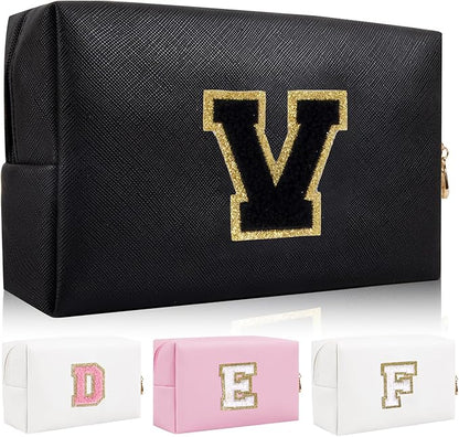 Personalized Initial Letter Patch Makeup Bag, Preppy Portable Chenille Cosmetic Bag with Zipper, PU Leather Waterproof Travel Toiletry Bag Monogram Make Up Pouch for Women Girls