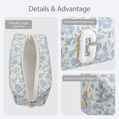 Gleyemor Personalized Initial Makeup Bag for Women, Cute Quilted Blue Floral Cotton Cosmetic Bag, Christmas Gifts for Her Mom Friend Sister Bridesmaid Teacher Women G