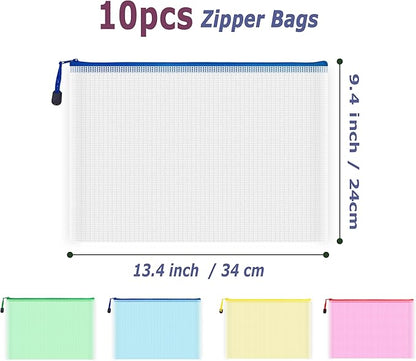 AUSTARK 10 Pcs Zipper File Bags, Waterproof Plastic Mesh Pouch for Office School, Board Game Storage Bags (A4 Size 13.4''x9.4'', Multicolored)
