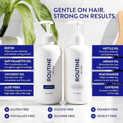 Routine Wellness Anti-Thinning Shampoo and Conditioner Set for Thinning Hair - Biotin DHT Blocker Women & Men - Color Safe Shampoo for Hair Loss & Healthier Hair - Vanilla Cashmere & Oak (Pack of 2)