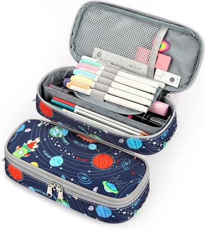 mibasies Boys Pencil Case for Kids, Multi-Slot Pencil Pouch, Galaxy LightGray