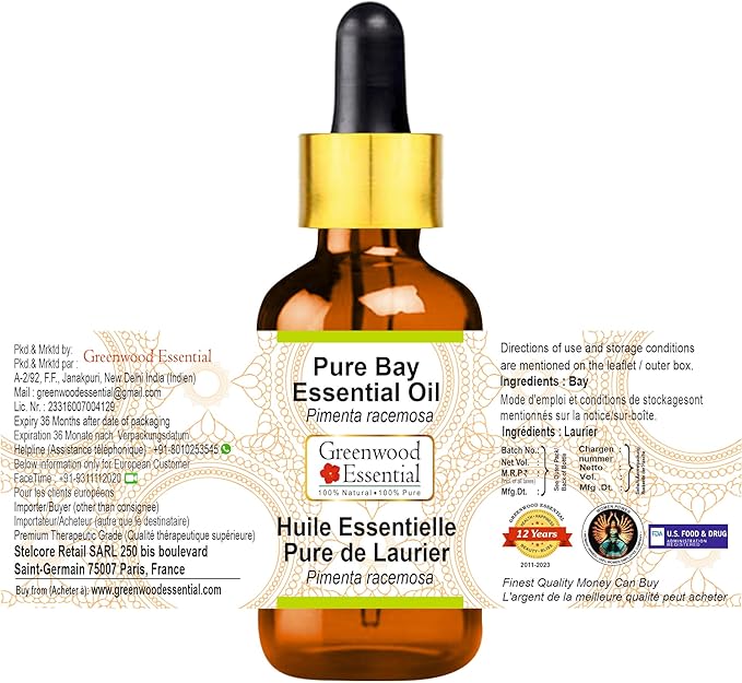 Greenwood Essential Bay Essential Oil (Pimenta racemosa) with Glass Dropper | Pure | Non-Sticky | Non-Greasy | Lightweight | Men & Women | All Skin Types | Steam Distilled 100ml (3.38 oz)