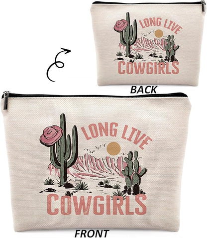 Long Live Cowgirls Cosmetic Bag, Pink Retro Western Cowgirl Hat Desert Cactus Makeup Bag Zipper Cosmetic Pouch Bag Travel Linen Makeup Organizer, Preppy Gifts for Teen Girls Women Cowgirls