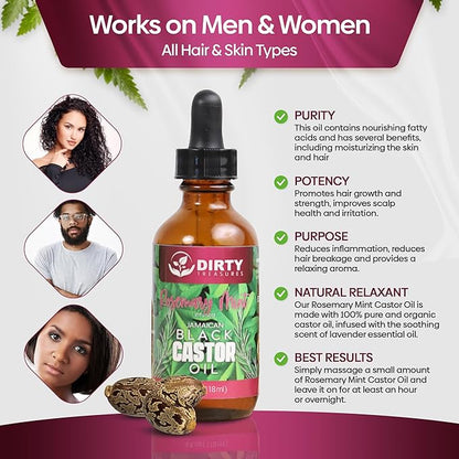 Dirty Treasures Rosemary Mint Castor Oil for Hair Growth and Scalp Treatment | Jamaican Black Castor Oil Hair Growth Oil (4 Ounce)