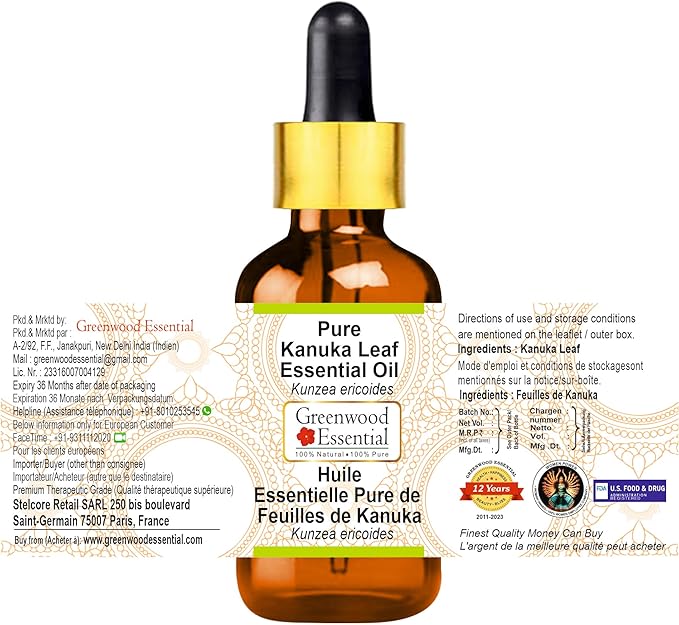 Greenwood Essential Kanuka Leaf Essential Oil (Kunzea ericoides) with Glass Dropper | Pure | Non-Sticky | Non-Greasy | Lightweight | Men & Women | All Skin Types | Steam Distilled 5ml (0.16 oz)