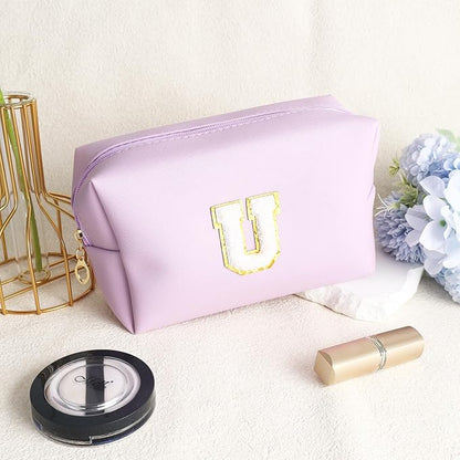 Gifts for Girls Initial Makeup Bag Personalized Cosmetic Bag with Zipper Cute Travel Toiletry Bag Waterproof PU Preppy Makeup Pouch Birthday Gift for Teen Girls Women(Purple U)