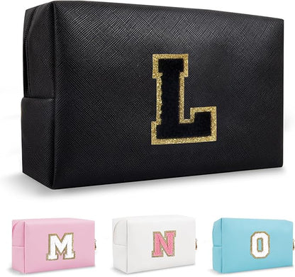 Personalized Initial Preppy Travel Makeup Bag Organizer, Small Black Cute Cosmetic Bag Toiletry Zipper Pouch for Purse, Portable Waterproof PU Make Up Case Birthday Gift for Her Mom Teacher(Letter L)