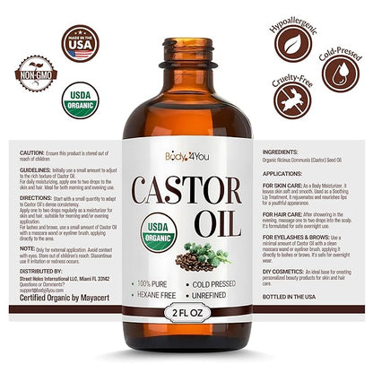 BodyJ4You Organic Castor Oil - 100% Pure Natural Cold Pressed USDA Certified Organic - Hexane Free Unrefined Non GMO - Lashes & Eyebrow Kit Mascara Tube Brush Wand Hydrating Oil - Glass Bottle 2oz