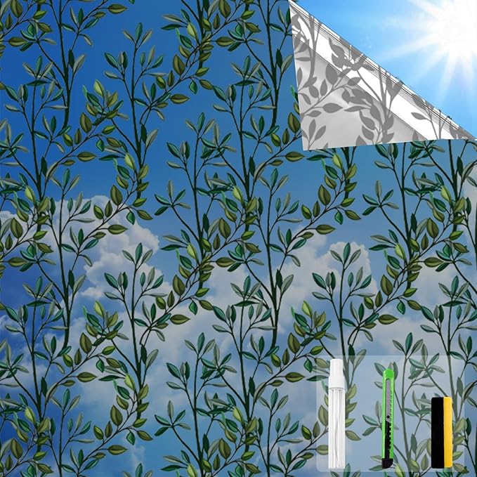 One Way Privacy Film, Window Tint for Home,Daytime Reflective, Anti UV Static Cling Sliding Door Coverings No Glue Garage Solar Paper (Black - Silver-Leaves, 23.6 x 157.4 in)