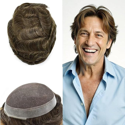 FACE MIRACLE Toupee for Men French Lace Hairpiece Human Hair Replacement System Skin PU Mens Toupee Hair Wigs for Man V-Looped Front Hair Prosthesis 6"X8" 4# MEDIUM BROWN