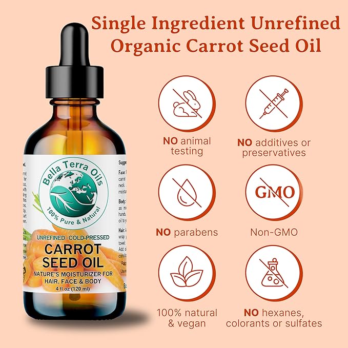 Bella Terra Oils - Organic Carrot Seed Oil 8 oz - Not Just for Tanning, Packed with Antioxidants, Cold-Pressed for Ultimate Skin Embrace & Natural Shine