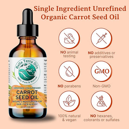Bella Terra Oils - Organic Carrot Seed Oil 4 oz - Dive into Carotene's Natural Power, High in Essential Fatty Acids, Experience Luxurious Skin Nourishment