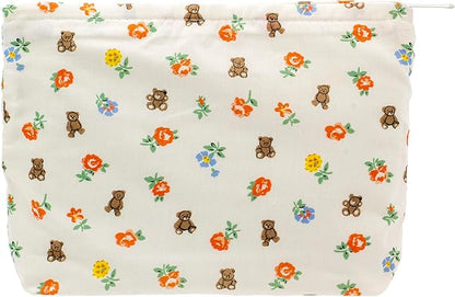 PAZIMIIK Floral Makeup Bag Large Cotton Zipper Pouch for Purse Travel Canvas Make Up Organizer for Women Cosmetic,Flower Bear White