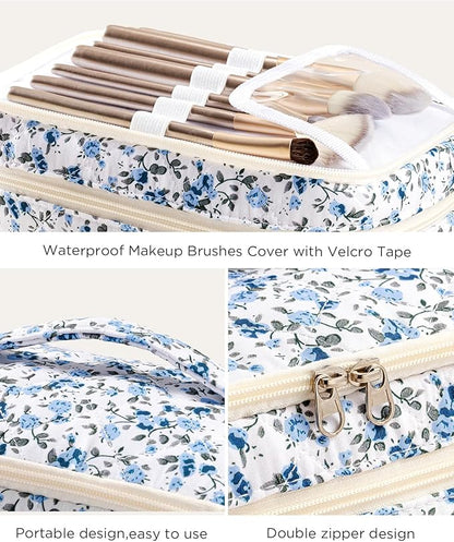 HBselect 2Pcs Travel Makeup Bag, Large Cotton Quilted Makeup Bag Cosmetic Bag Cute Make up Bag Toiletry Bags for Women Girls