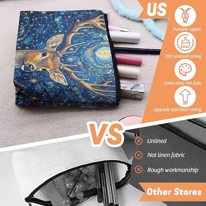 Cosmetic Bags Travel Makeup Toilet Case Waterproof Pouch for Women Girls 6.7X9.45inches - Deer With Large Antlers in A Starry - Floral Scene