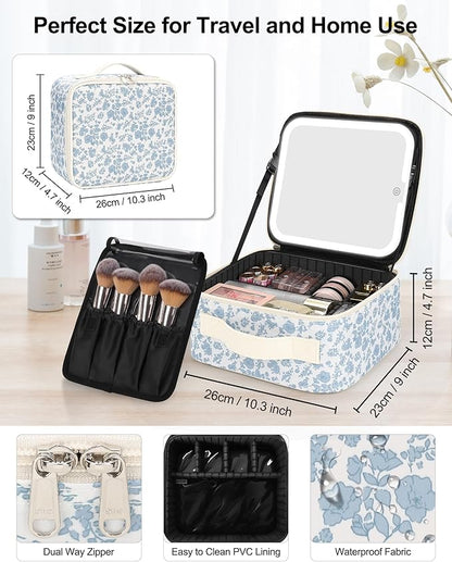 Chomeiu Makeup Bag with LED Mirror, Cute Cosmetic Bags Birthday Gifts for Girls Women, Makeup Train Case Artists Organizer Large Make Up Bags with Light Up Mirror 3 Color Lights, Floral Print