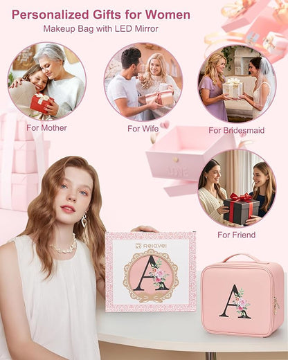 Relavel Initial Makeup Bag with LED Mirror for Women Girls, Personalized Travel Cosmetic Organizer Train Case, Birthday Gifts for Grandkids Bridesmaid Graduation Teacher Friends, Trendy Stuff, Pink P