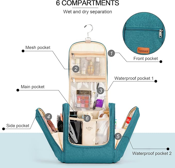 Travel Hanging Toiletry Bag for Women and Men, 6 Organizer Compartments, Holds Full Size Bottles, Extra Large Cosmetic Accessories, Makeup essentials, Bathroom Water-resistant Toiletries Bag, Blue