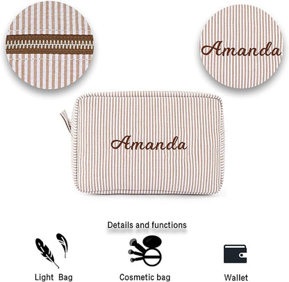 MT WORLD Cosmetic Bag Personalized Makeup Bag for Women Girls Seersucker Preppy Bridesmaid Makeup Bag Cute Aesthetic Toiletry Bag Girls Handbags Purses (Brown)