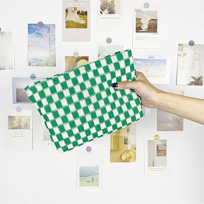 PAZIMIIK Knitted Checkered Makeup Bag Large Zipper Make Up Accessory Pouch for Purse Cosmetic Brush Bag for Travel Essential,Green