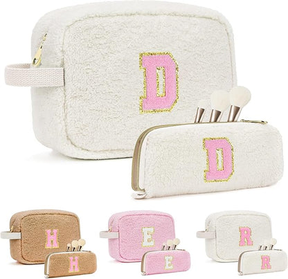 for Christmas Day Gifts, Travel Makeup Bag for Women, Initial Make Up Bag Set for 6 7 8 9 10 11 12 13 Years Old Kids Tween Girls, Large Cosmetic Skincare Bags for Birthday Gifts, White D