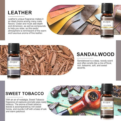 EUQEE 6PCS Fragrance Oils for Men, Men's Pubs Gift Set Premium Fragrance Oils -10ml-Leather, Sweet Tobacco（New Name-Honeyed Haze）, Dragons Blood, Sandalwood, Bay Rum, Cedarwood (Men's Pubs)