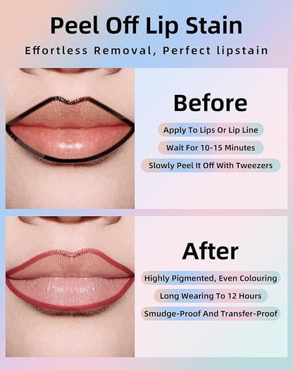 KIMUSE Long-Lasting Lip Stain Peel Off Mask, 12H Smudge-Proof Transfer-Resistant Lip Tint, Vegan & Non-Drying Formula for Bold Matte Finish, Easy Peel Application