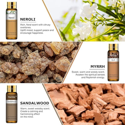 PHATOIL Premium Essential Oil Set - 9x10ML Pure Essential Oils for Massage, Aromatherapy, Diffusers, DIY - 0.33FL.OZ/Bottle