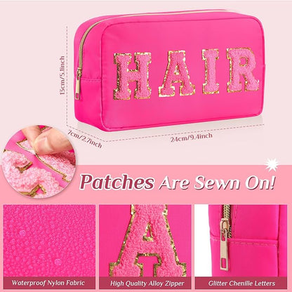 Remerry 4 PCS Nylon Cosmetic Bags Waterproof Spacious Travel Makeup Organizer for Women Chenille Letter Preppy Zipper Pouch Face Stuff Skin Hair Organizer Gift(Fluorescent Colors)