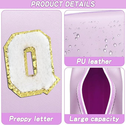 Gifts for Girls Initial Makeup Bag Personalized Cosmetic Bag with Zipper Cute Travel Toiletry Bag Waterproof PU Preppy Makeup Pouch Birthday Gift for Teen Girls Women(Purple Q)