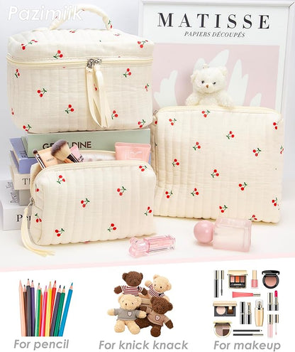 PAZIMIIK 3PCS Makeup Bag SET Large Travel Quilted Zipper Soft Cosmetic Case Pouch for Women Girls Make Up,Cherry Beige
