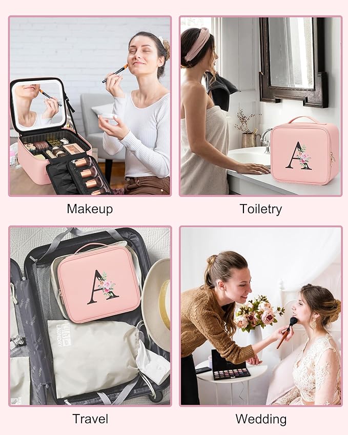 Relavel Initial Makeup Bag with LED Mirror for Women Girls, Personalized Travel Cosmetic Organizer Train Case, Birthday Gifts for Grandkids Bridesmaid Graduation Teacher Friends, Trendy Stuff, Pink P