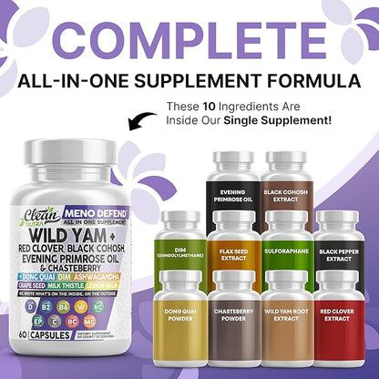 Clean Nutra Wild Yam Root Capsules with Red Clover Black Cohosh Evening Primrose Oil Chasteberry Dong Quai DIM Ashwagandha Grape Seed Extract Milk Thistle Lemon Balm and more Hormone Balance For Women