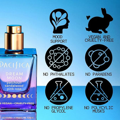 Pacifica Dream Moon Womens Spray Perfume 1 fl oz – Long-Lasting Floral Woody Fragrance for Her - Rose, Patchouli, Sandalwood – 100% Vegan, Cruelty-Free, Phthalate-Free Fragrance