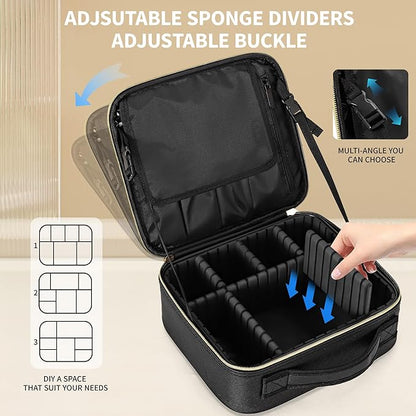 Travel Makeup Bag, Makeup Train Case, Portable Makeup Artist Organizer with Adjustable Dividers, Cosmetic Brush Holder Storeage