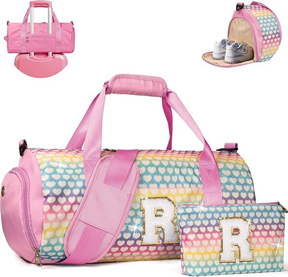 Gift for Grandkids, Girls Travel Duffel Bag, Kids Initial Overnight Bags with Shoe Compartment, Personalized Weekender Bag with Makeup Pouch, Birthday Gift for 7 Year Old Girl (Letter R)