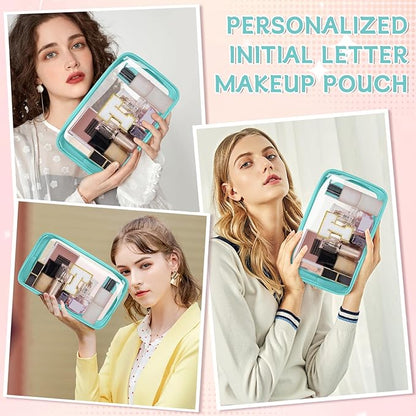 Personalized Initial Clear Makeup Bag, Travel Chenille Patch Cosmetic Bag, Preppy Toiletry Bag Monogram Cosmetic Pouch with Zipper, Ideal Gift for Teen Girls Women (Clear-Green, T)