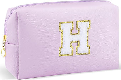 Gifts for Girls Initial Makeup Bag Personalized Cosmetic Bag with Zipper Cute Travel Toiletry Bag Waterproof PU Preppy Makeup Pouch Birthday Gift for Teen Girls Women(Purple H)