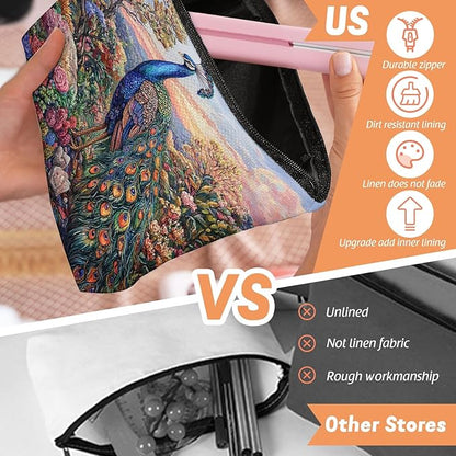 Makeup Bag Travel Cosmetic Bags Small Makeup Case Waterproof Zipper Pouch for Women Girls 7X9inches - Peacock in A Dusk - Filled Floral Landscape