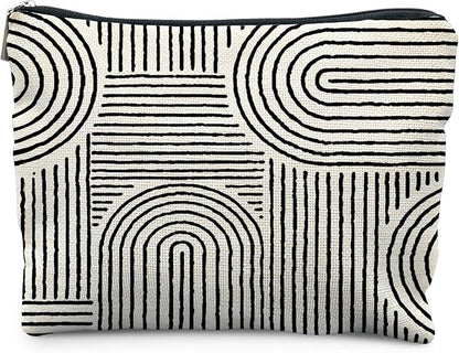 Abstract Minimalist Black and White Makeup Bag, Aesthetic Boho Rainbow Line Art Cosmetic Bags for Women, Boho Gifts for Women, Contemporary Modern Zipper Makeup Pouch